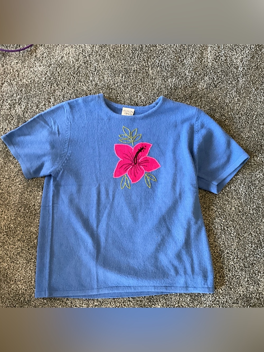 Women’s Blue Short-Sleeve Top with Pink Floral Embroidery